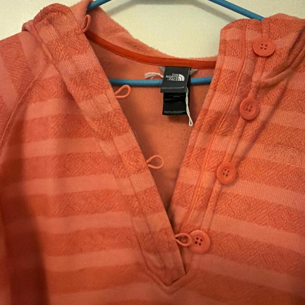 North Face Women’s Hoodie Orange Striped Fleece Lined Pullover Size Large - Picture 5 of 8